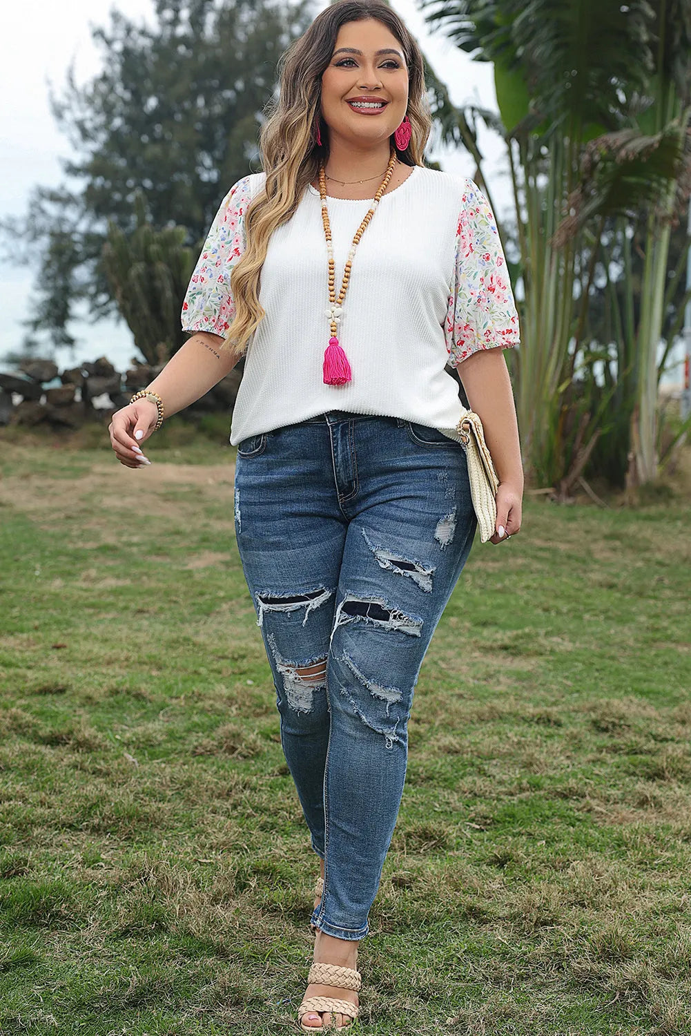 White Contrast Floral Puff Sleeve Ribbed Knit Plus Size Blouse - Chic Meadow Boutique 