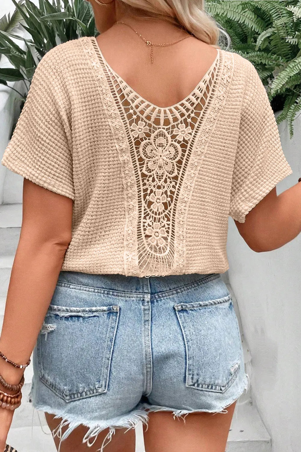 Beige Guipure Lace Insert Textured Plus Size Tee - Chic Meadow Boutique 