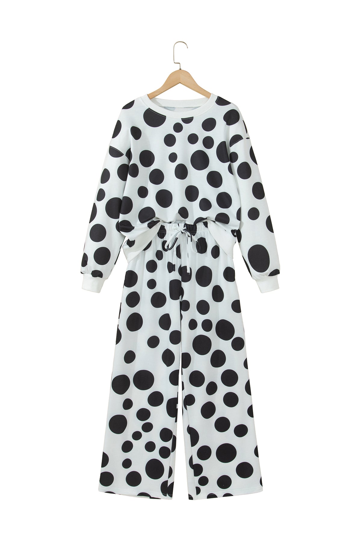 White Polka Dot Long Sleeve Top Drawstring Relaxed Pants Set