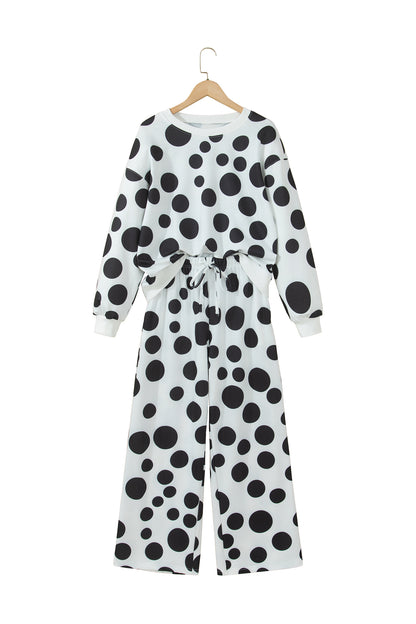 White Polka Dot Long Sleeve Top Drawstring Relaxed Pants Set