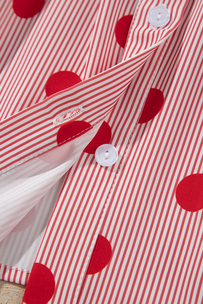Fiery Red Polka Dot Striped Print Ruffle Stand Neck 3/4 Sleeve Shift Shirt