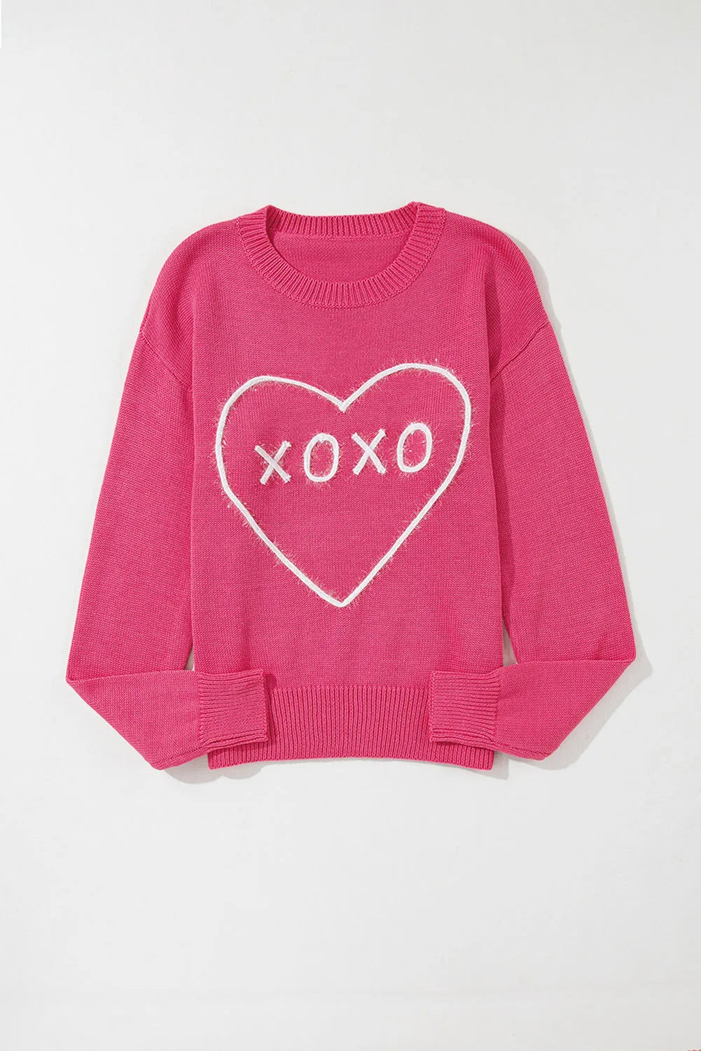 Rose Heart XOXO Pattern Drop Shoulder Rib Knit Sweater - Chic Meadow Boutique 