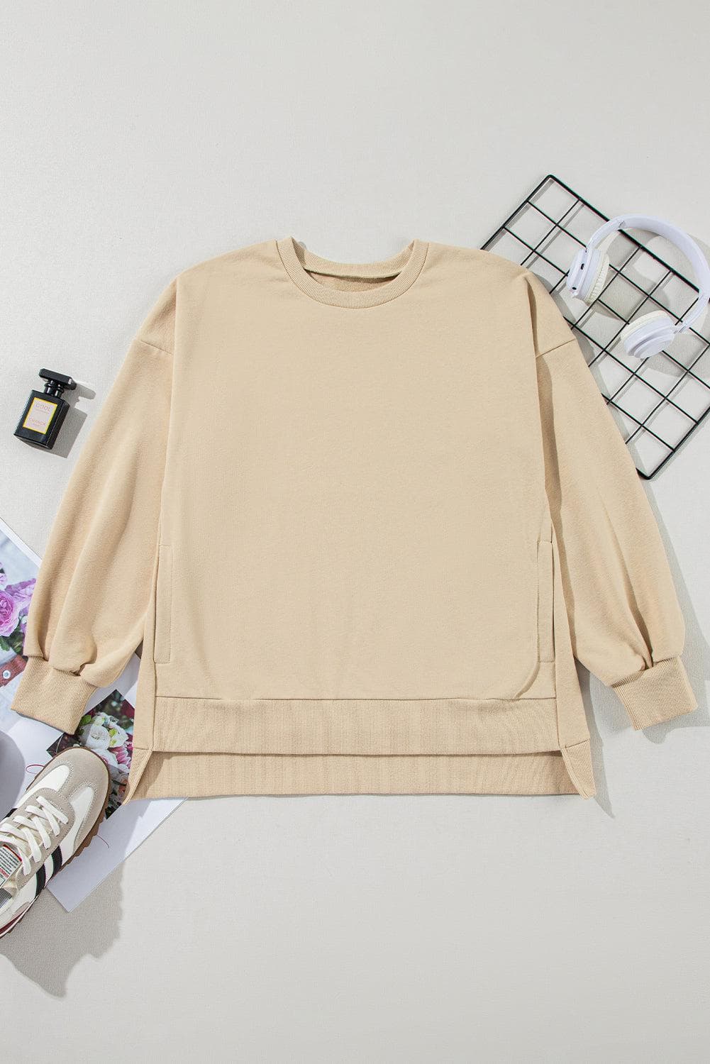 Tops/Sweatshirts & Hoodies Parchment Solid O Neck High Low Hem Pullover Sweatshirt