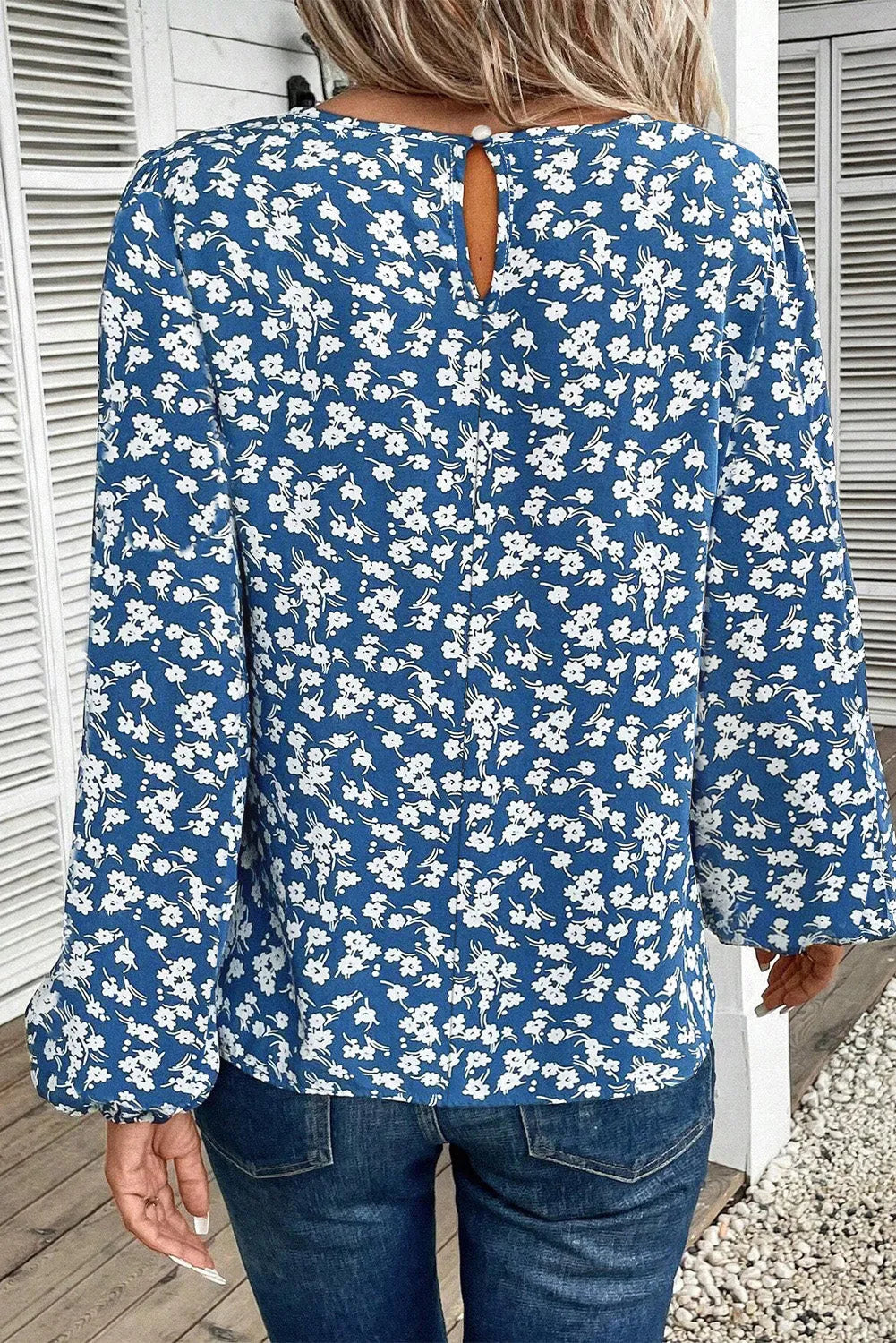 Blue Ditsy Floral Print Lantern Sleeve Blouse - Chic Meadow Boutique 