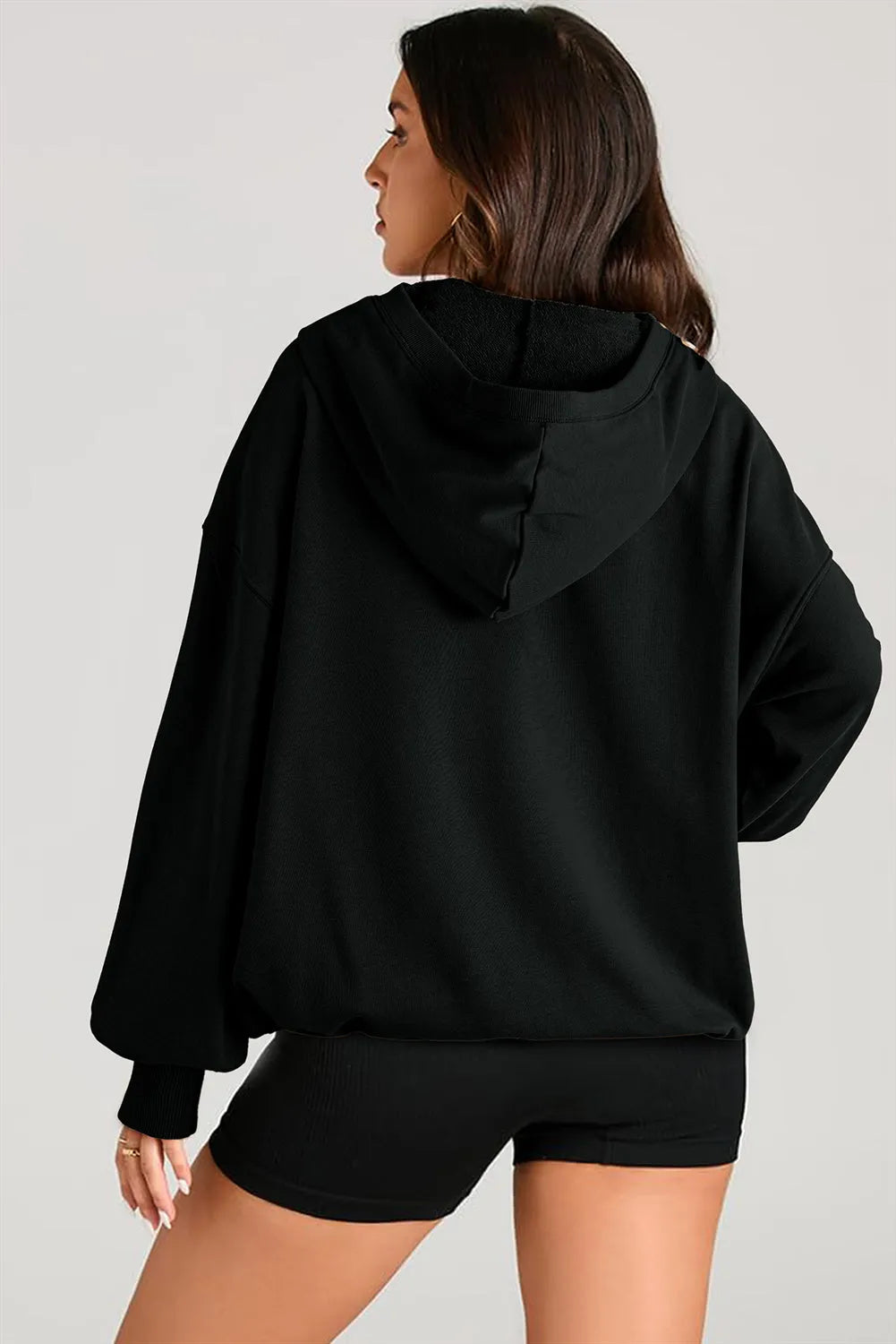 Black Solid Kangaroo Pocket Half Zipper Oversized Hoodie - Chic Meadow Boutique 