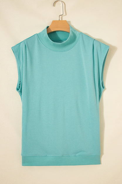 Mint Green Solid Color High Neck Cap Sleeve Loose Top