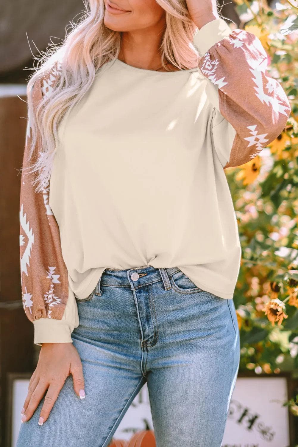 Tops/Long Sleeve Tops Apricot Western Print Patch Long Sleeve Top