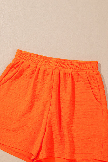 Orange Textured V Neck T Shirt and Shorts Set
