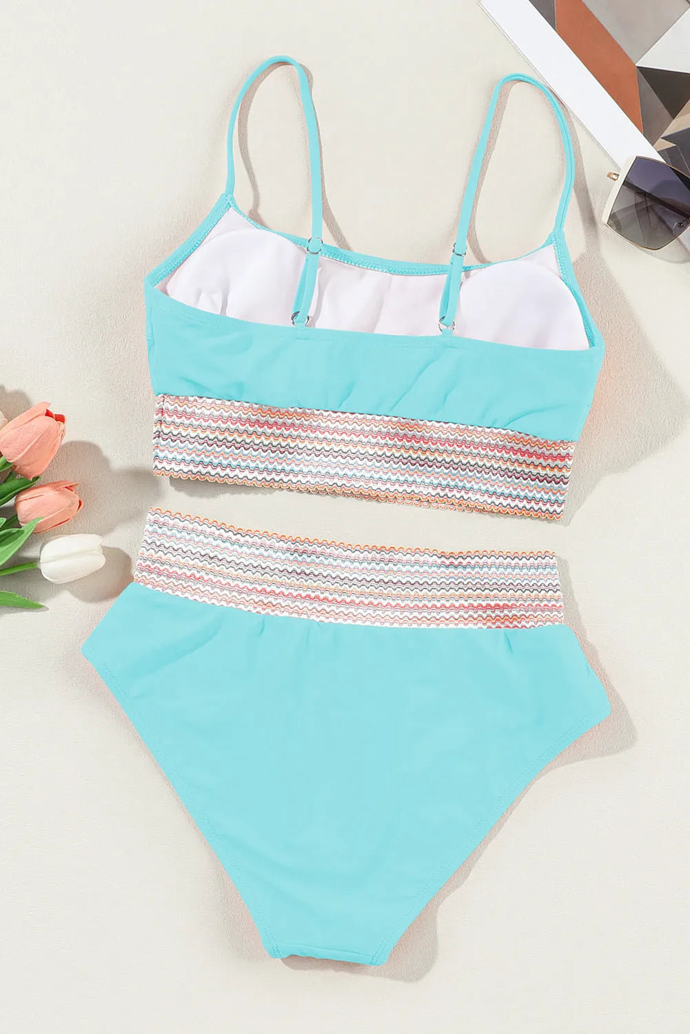 Sky Blue Striped Patchwork Spaghetti Strap High Waist Bikini Swimsuit - Chic Meadow Boutique 