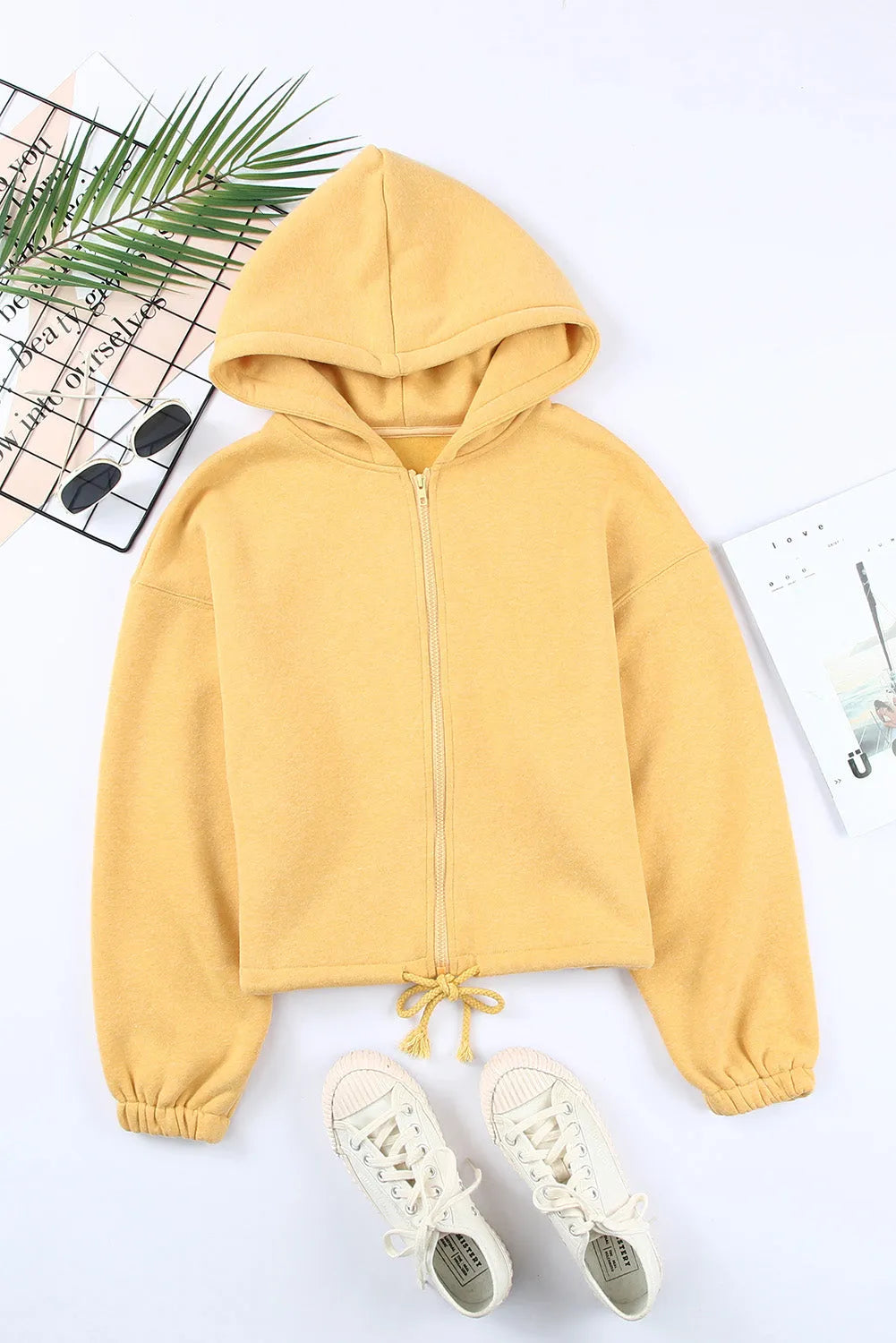 Yellow Zip Closure Drawstring Cinched Cropped Hoodie - Chic Meadow Boutique 