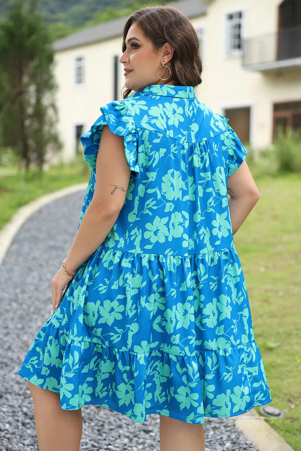 Sky Blue Plus Size Floral Print Flutter Sleeve Buttoned Mini Dress - Chic Meadow Boutique 