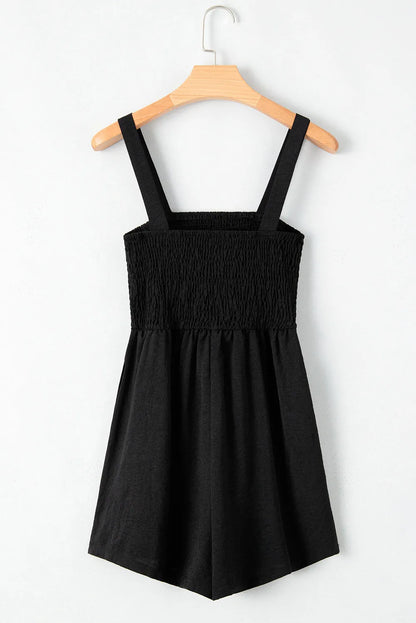 Black Casual Pocketed Smocked Sleeveless Romper - Chic Meadow Boutique 