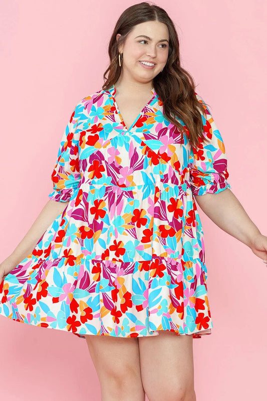 Plus Size/Plus Size Dresses/Plus Size Mini Dresses Multicolour / 1X / 100%Polyester Multicolour Floral Tiered V Neck Plus Dress