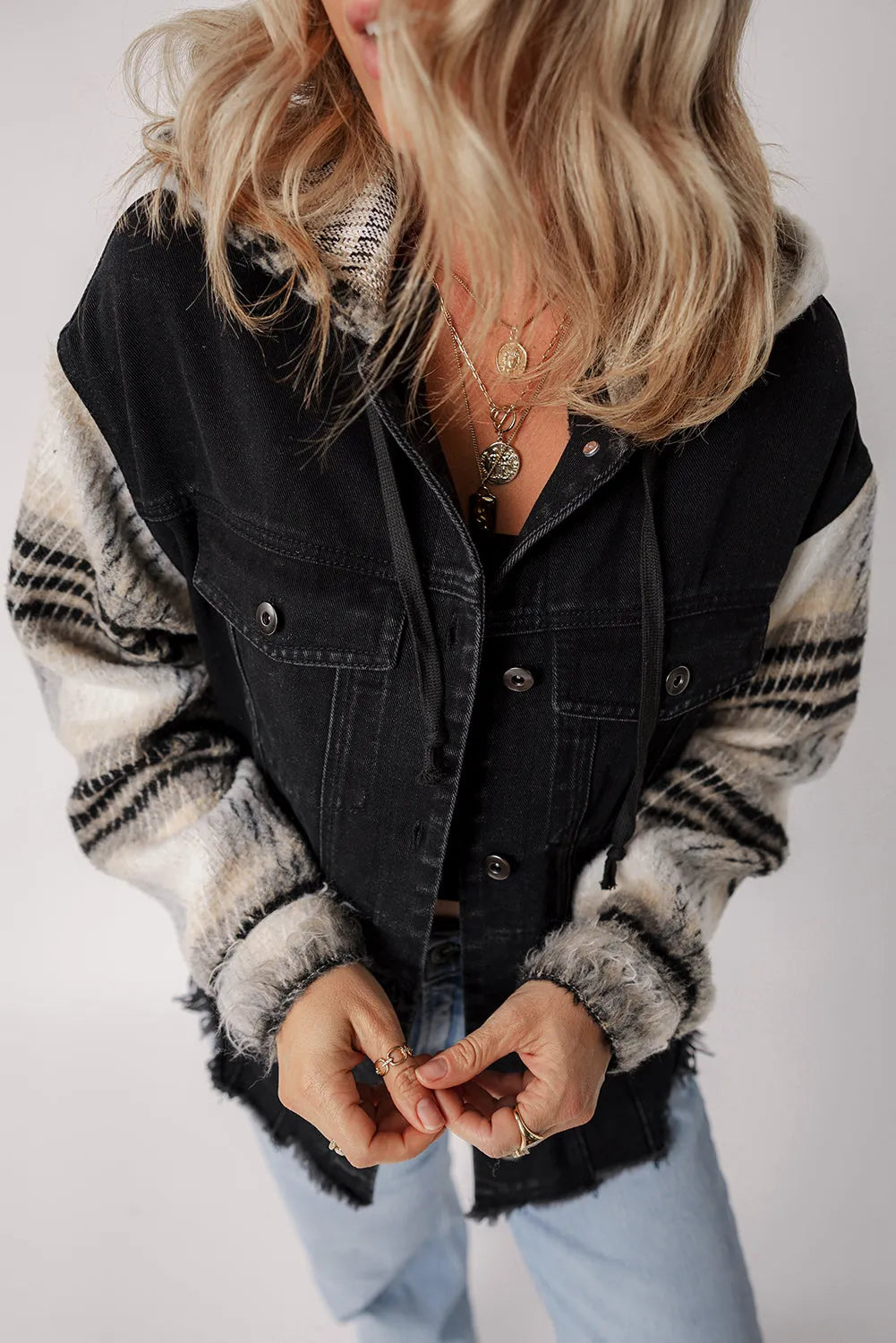 Black Plaid Sleeve Frayed Hem Hooded Denim Jacket - Chic Meadow Boutique 