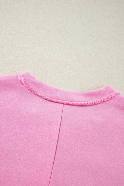 Sachet Pink Solid Color Buttoned Neckline Loose Sweatshirt - Chic Meadow Boutique 