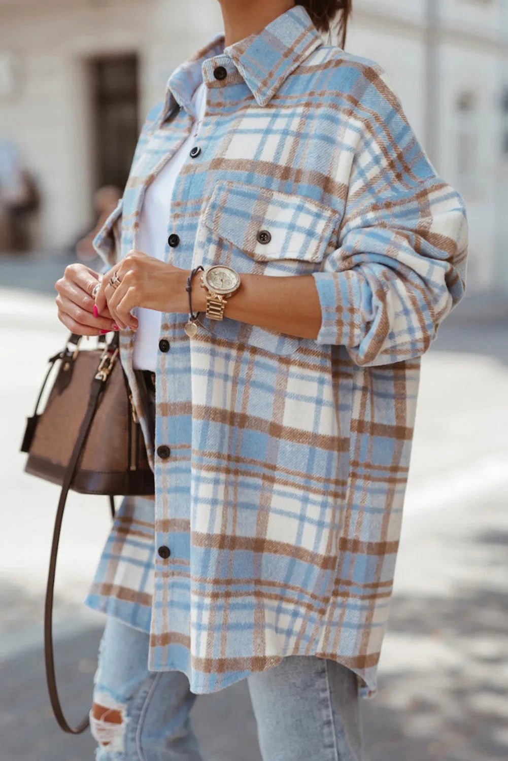 Sky Blue Plaid Flap Pocket Long Sleeve Shacket - Chic Meadow Boutique 