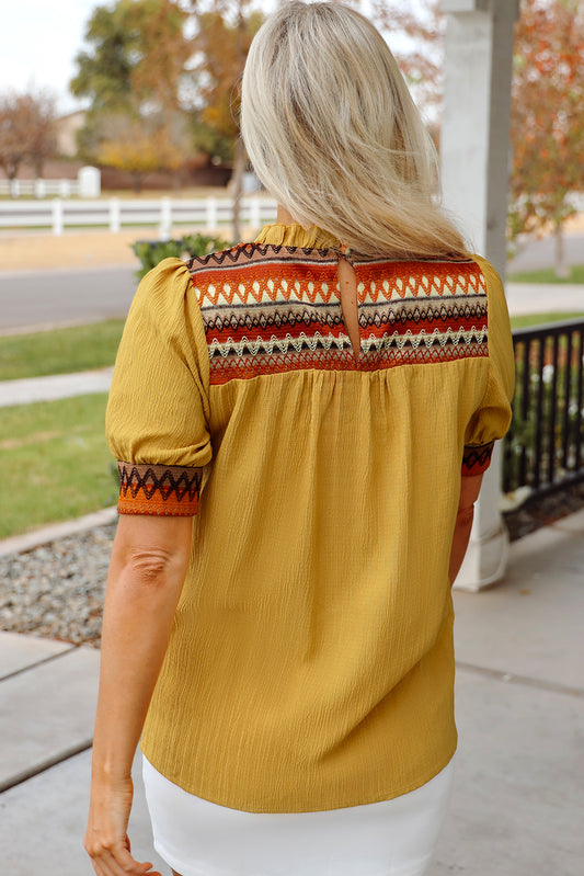 Mustard Geometric Short Puff Sleeve Frilled Collar Blouse