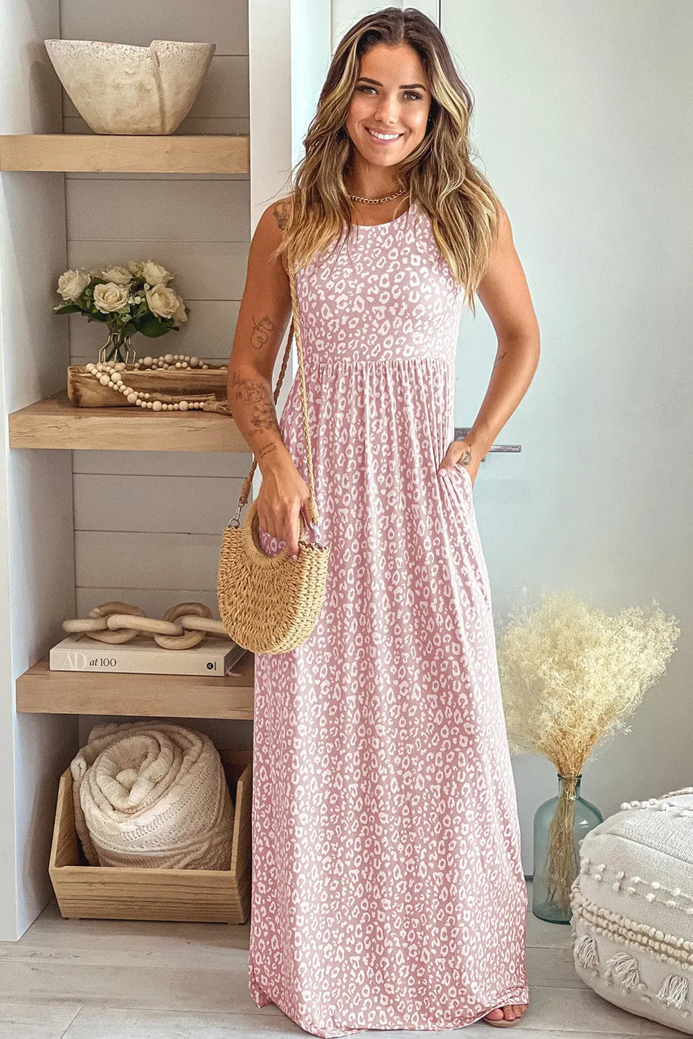 Pink Leopard Print Pocketed Sleeveless Maxi Dress - Chic Meadow Boutique 