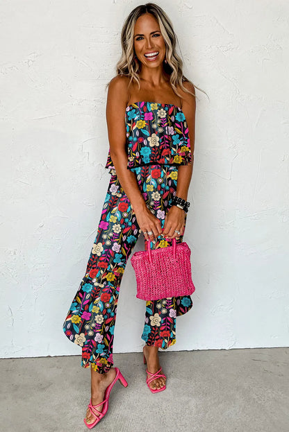 Red Mix Tropical Print Strapless Ruffled Jumpsuit - Chic Meadow Boutique 