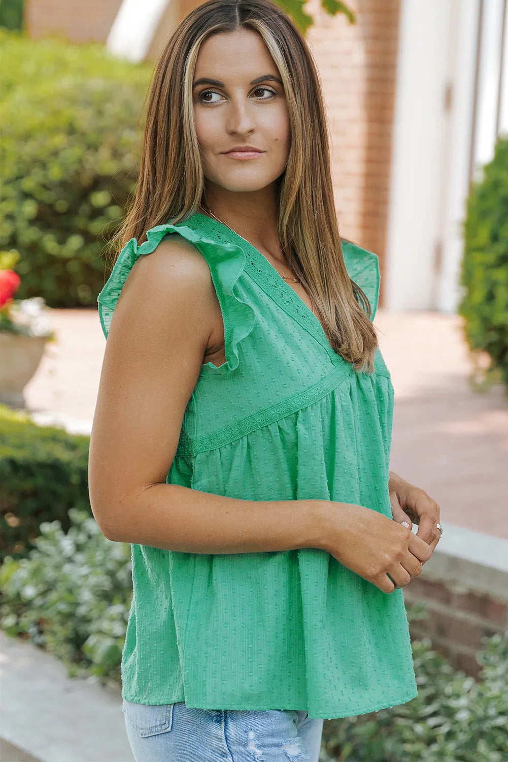 Green Eyelet V Neckline Ruffle Swiss Dot Top - Chic Meadow Boutique 