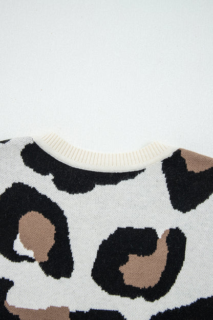 Jet Stream Leopard Print Color Block Patchwork Sleeve V Neck Sweater