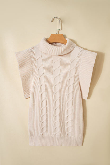 Jet Stream Cable Knit Turtleneck Ruffled Short Sleeve Sweater