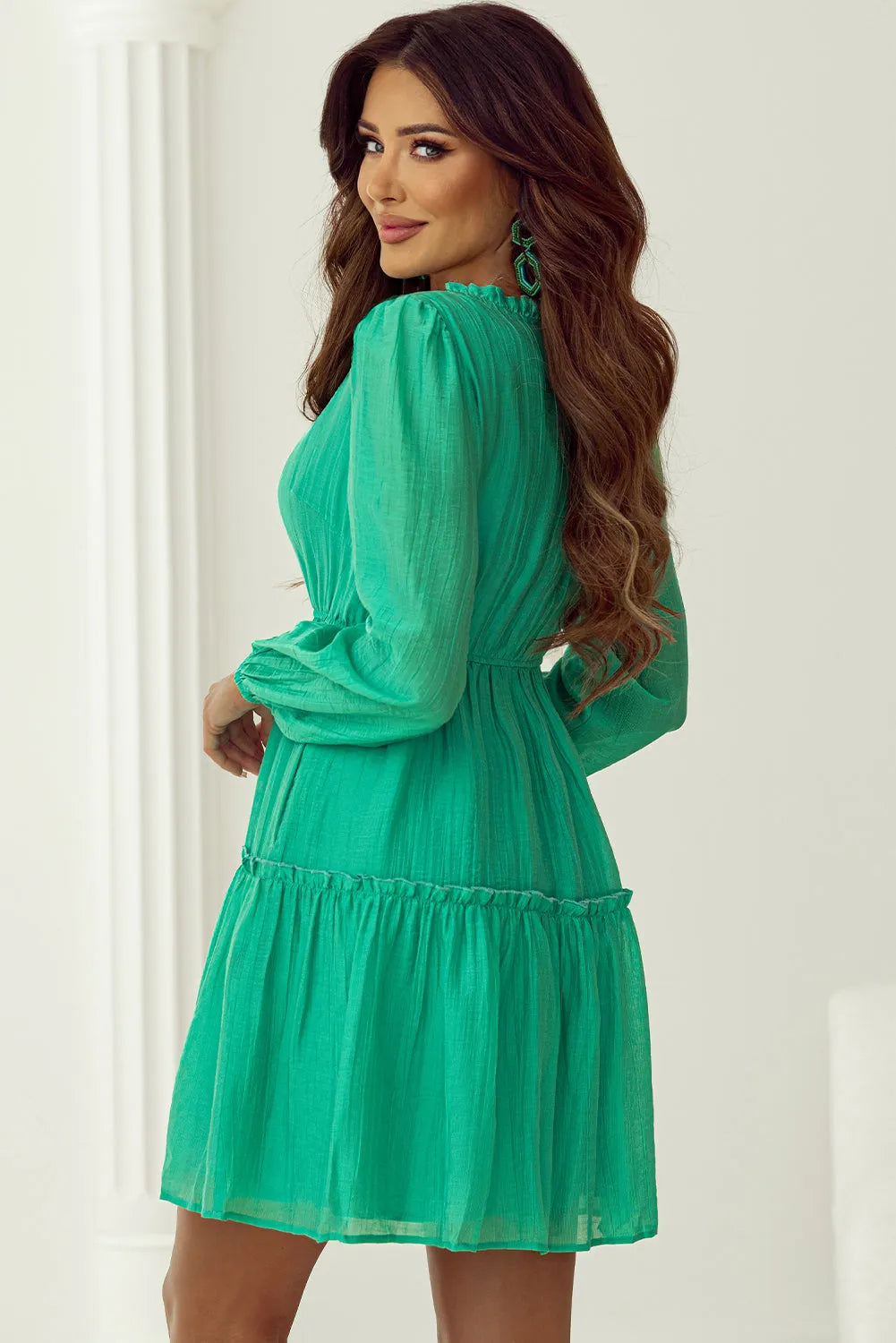 Sea Green Frilly V Neck Puff Sleeve Drawstring Shift Mini Dress - Chic Meadow Boutique 