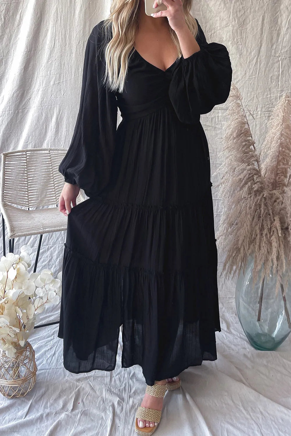 Black V Neck Bowknot Cutout Frill Tiered Maxi Dress - Chic Meadow Boutique 