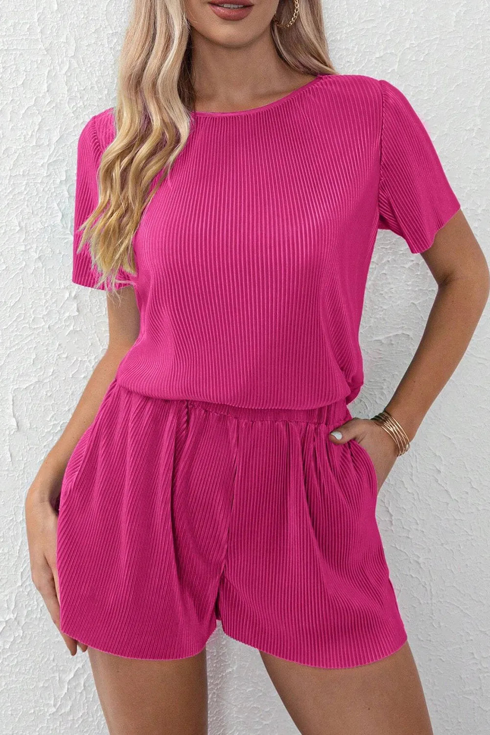 Bright Pink Casual Pleated Short Two-piece Set - Chic Meadow Boutique 