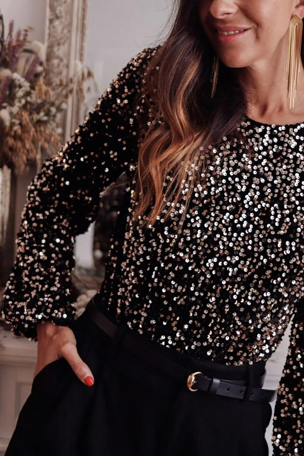 Black Deep V Back Sequin Puff Sleeve Bodysuit - Chic Meadow Boutique 