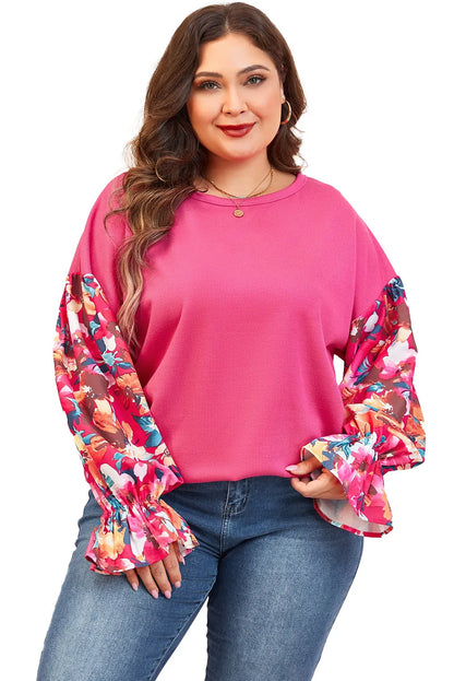 Bright Pink Floral Patchwork Flounce Sleeve Rib Knit Plus Top - Chic Meadow Boutique 