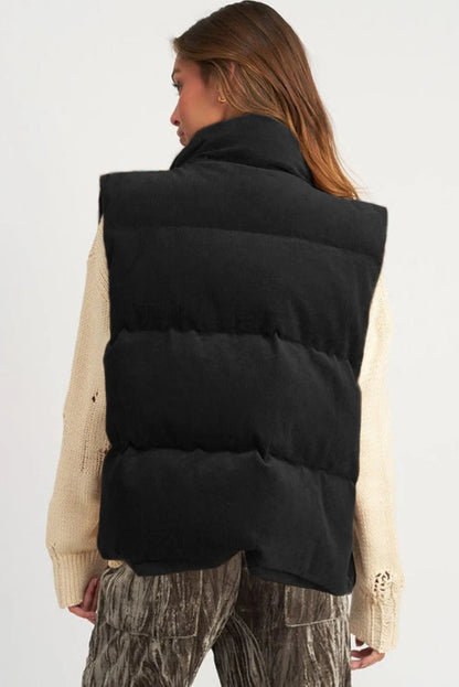 Black Corduroy Stand Neck Zipped Puffer Vest - Chic Meadow Boutique 