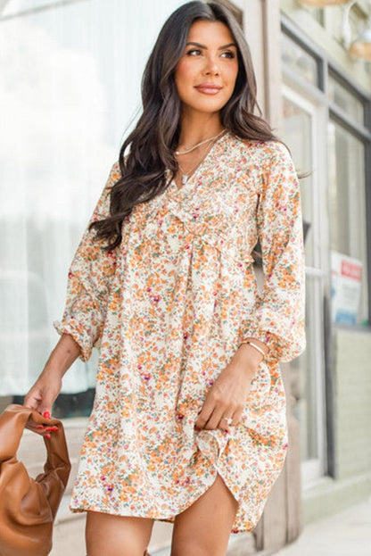 Dresses/Floral Dresses Yellow Boho Floral V Neck Ruffled Empire Waist Long Sleeve Mini Dress