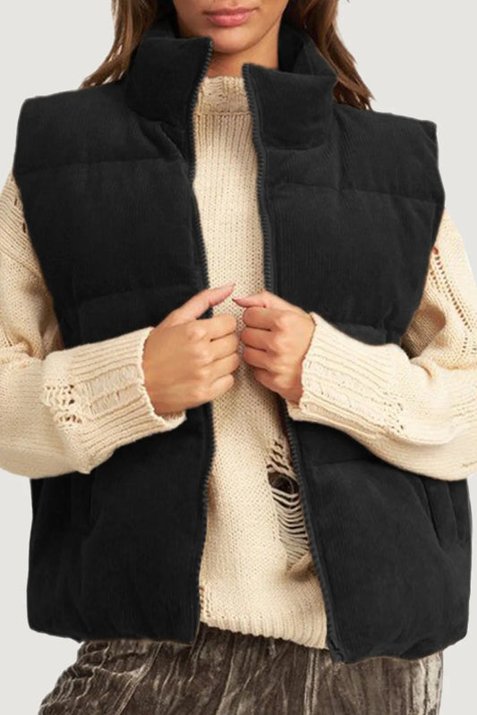 Black Corduroy Stand Neck Zipped Puffer Vest - Chic Meadow Boutique 