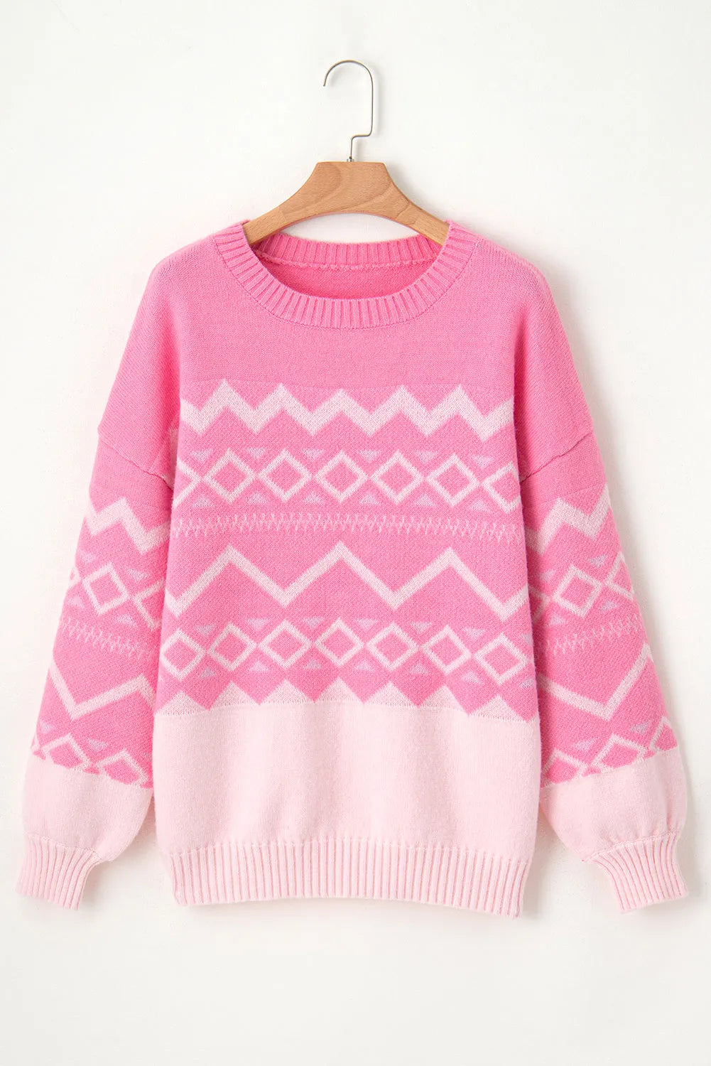 Pink Western Aztec Geometric Drop Shoulder Sweater - Chic Meadow Boutique 