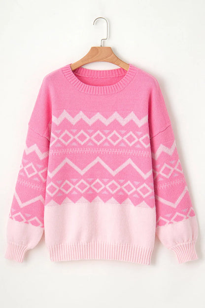 Pink Western Aztec Geometric Drop Shoulder Sweater - Chic Meadow Boutique 