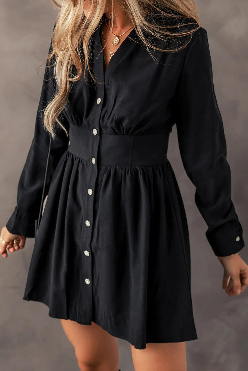 Black Elastic Cinched High Waist Long Sleeve Shirt Mini Dress - Chic Meadow Boutique 