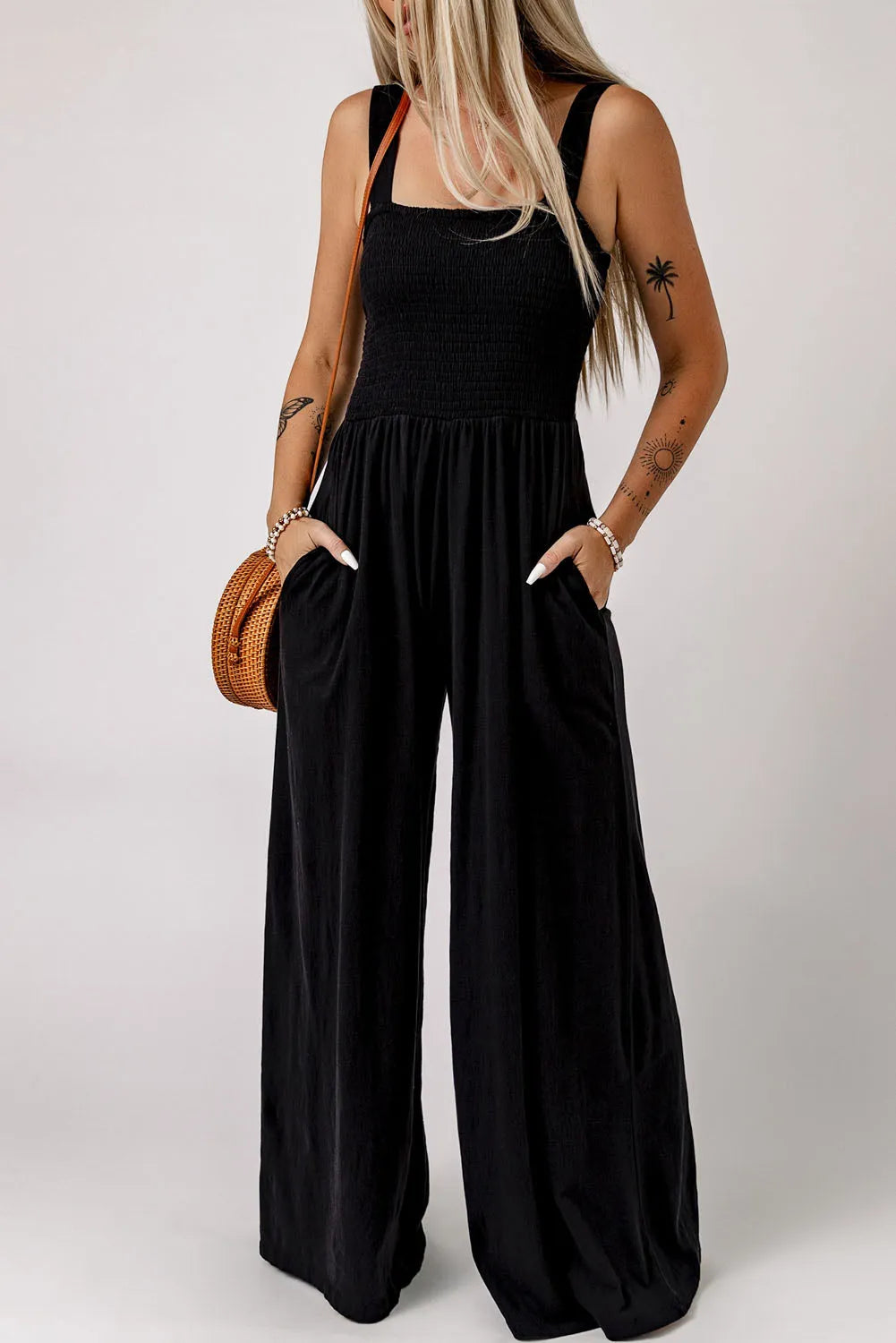 Black Smocked Sleeveless Wide Leg Jumpsuit with Pockets - Chic Meadow Boutique 