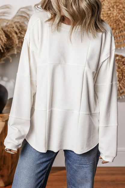 White Solid Color Patchwork Drop Shoulder Baggy Sweatshirt - Chic Meadow Boutique 