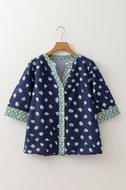 Blue Floral Print Half Sleeve Contrast Trim V Neck Blouse