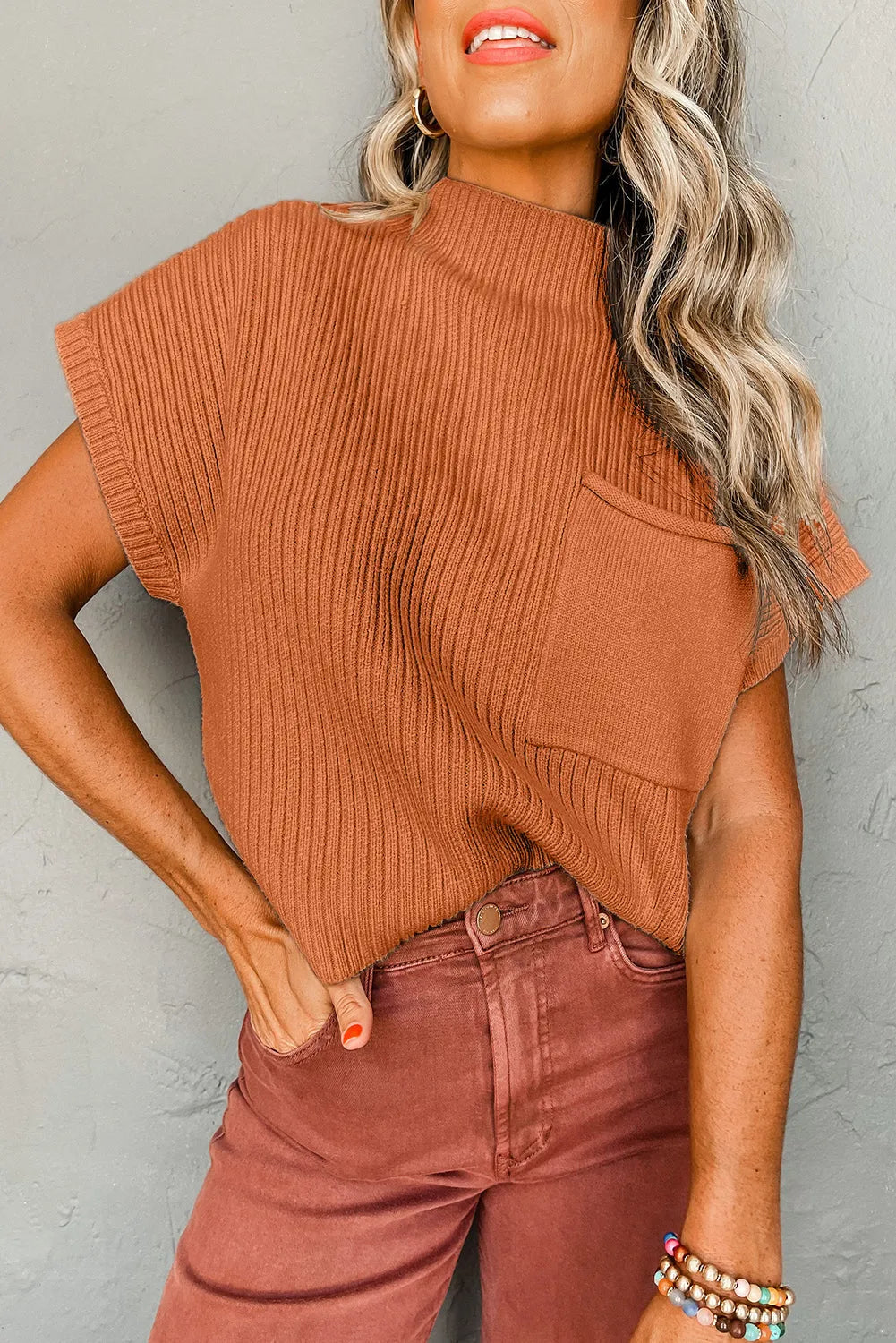 Gold Flame Patch Pocket Ribbed Knit Short Sleeve Sweater - Chic Meadow Boutique 