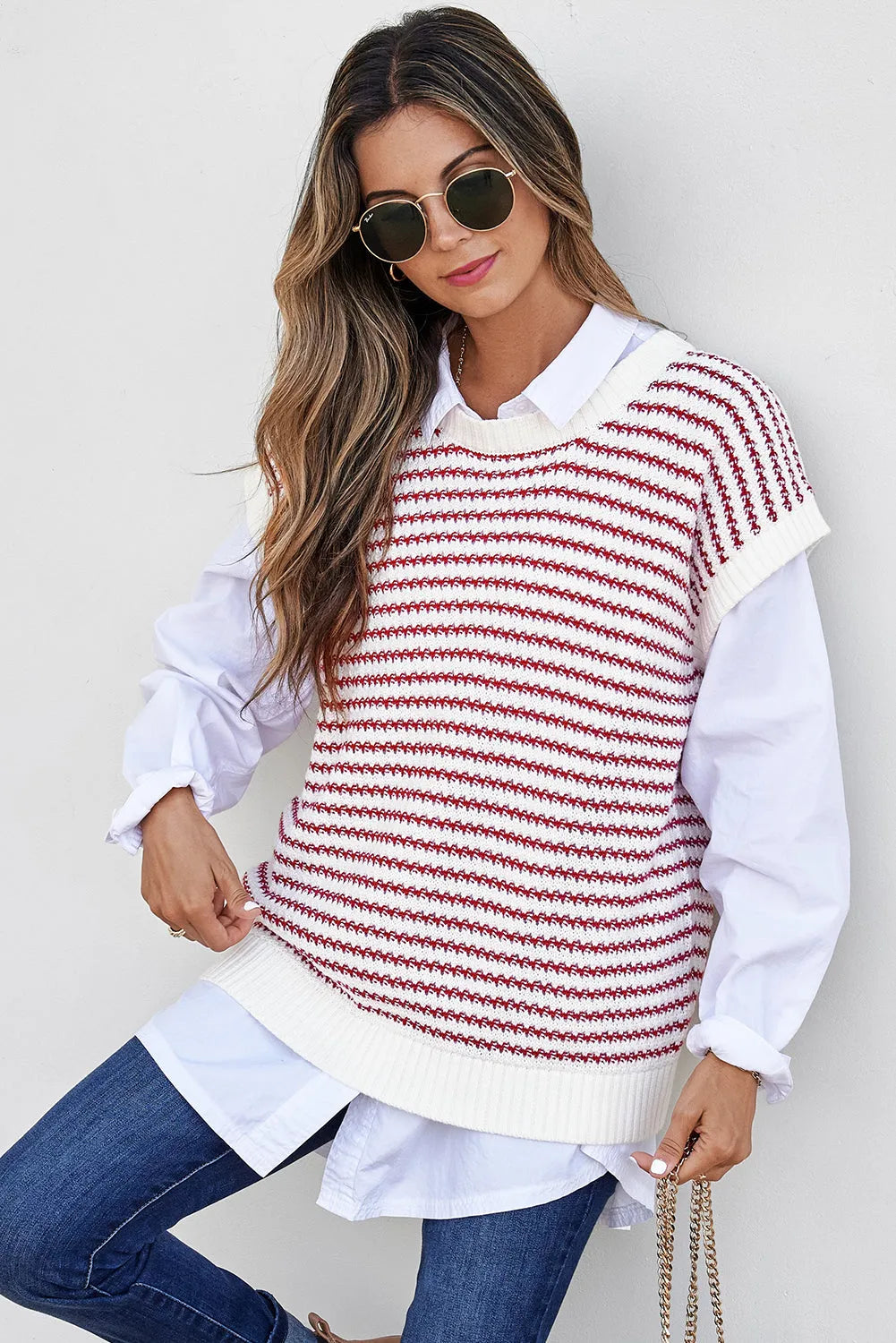 Red Stripe Ribbed Trim Loose Fit Knitted Sweater Vest - Chic Meadow Boutique 