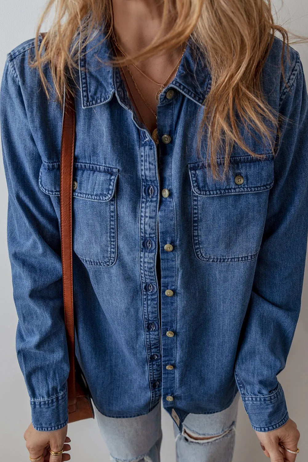 Sky Blue Flap Pocket Button Up Denim Shacket - Chic Meadow Boutique 