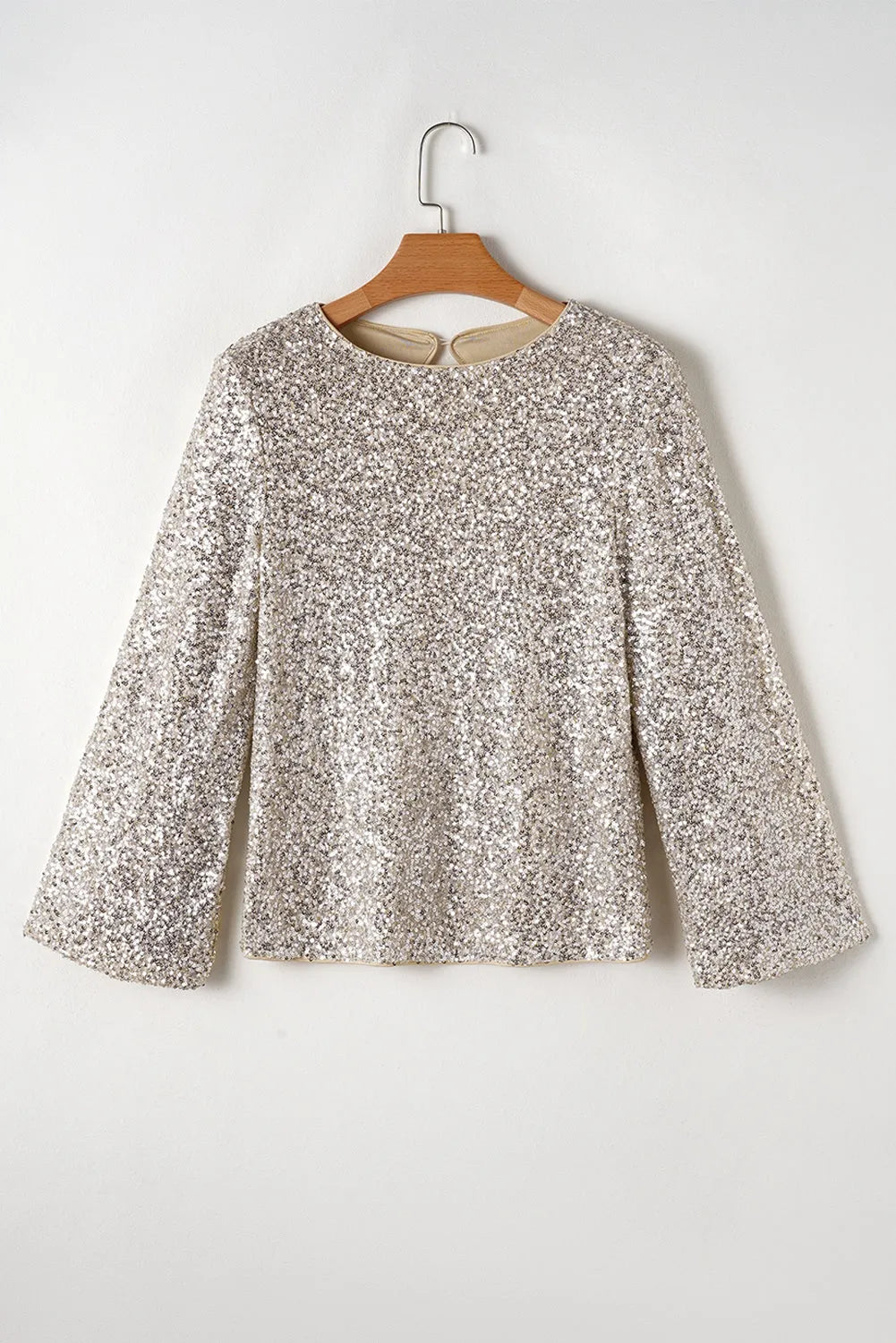 Silvery Sequin Puff Sleeve Cutout Back Blouse - Chic Meadow Boutique 