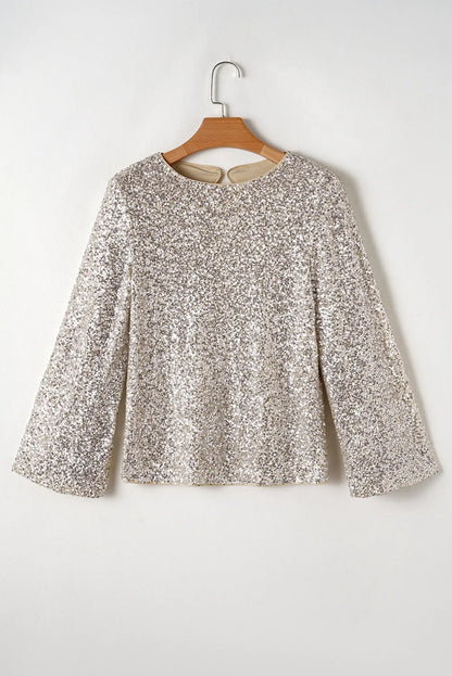 Silvery Sequin Puff Sleeve Cutout Back Blouse - Chic Meadow Boutique 