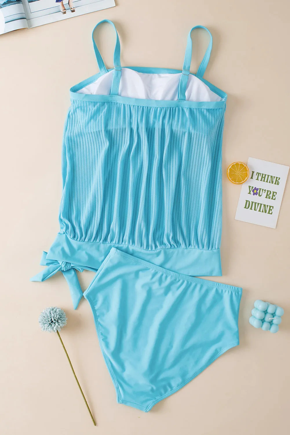 Turquoise Striped Mesh Knotted Hem Tankini Swimsuit - Chic Meadow Boutique 