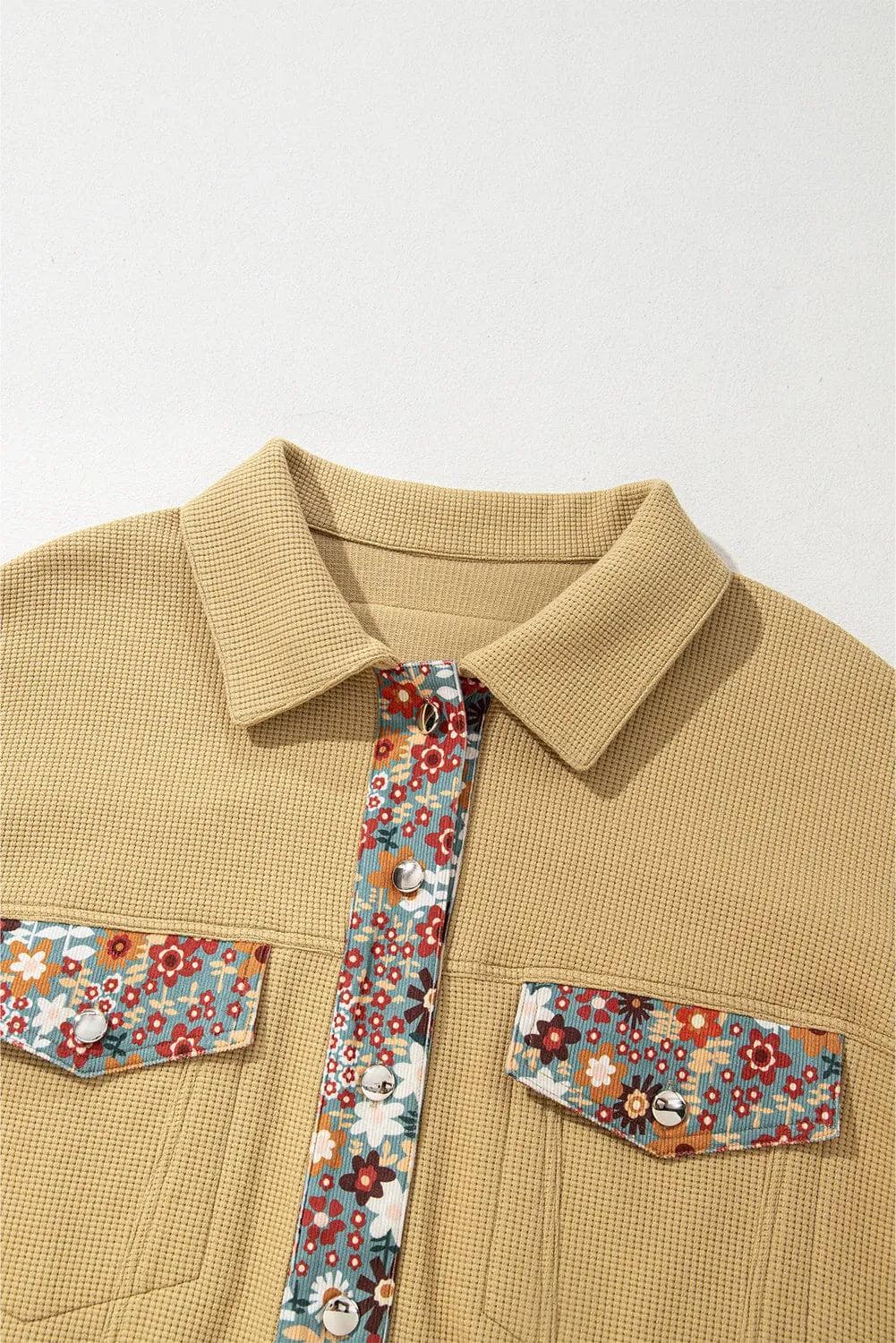 Outerwear/Jackets Khaki Waffle Knit Floral Print Patchwork Button up Jacket