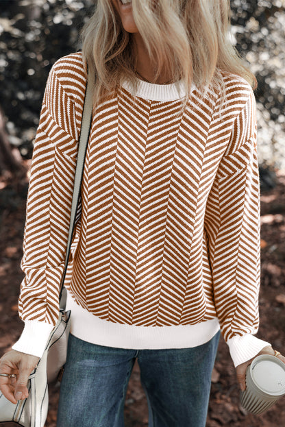 Coffee Contrast Edge Crew Neck Drop Shoulder Sweater