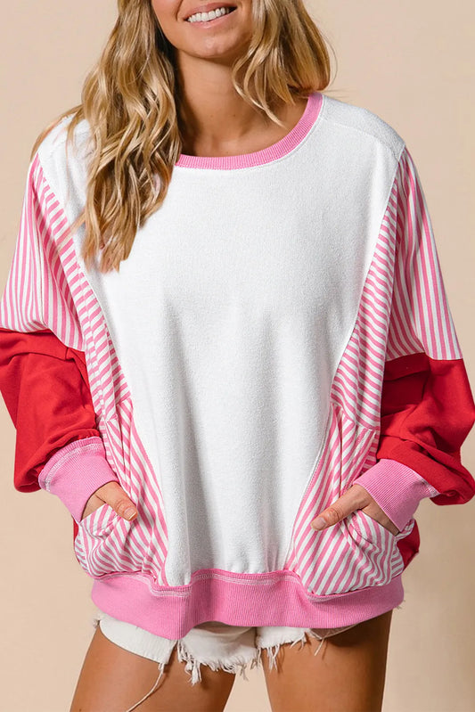 Rose Red Striped Patchwork Batwing Sleeve Pocketed Sweatshirt - Chic Meadow Boutique 