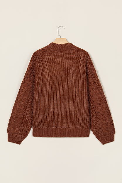 Coffee Solid Color Cable Knit High Neck Loose Pullover Sweater